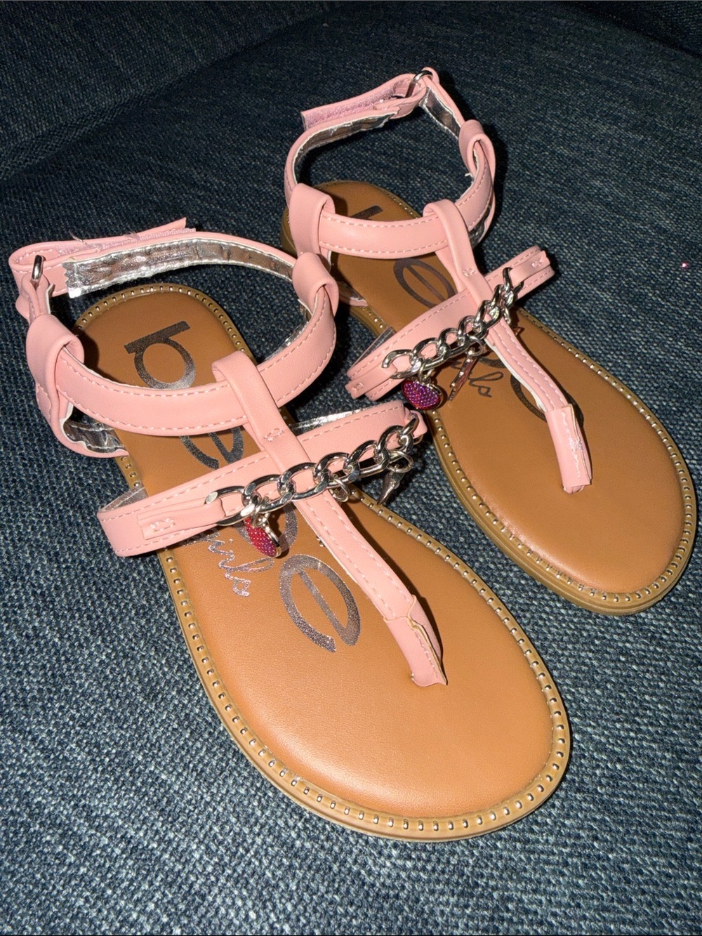 bebe Pink T-Strap Sandals with Silver Chain and Heart Charm